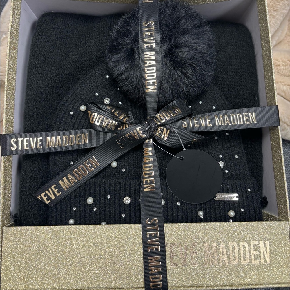 Steve Madden Women's 2-Pc. Embellished Beanie & Scarf Boxed Gift Set black